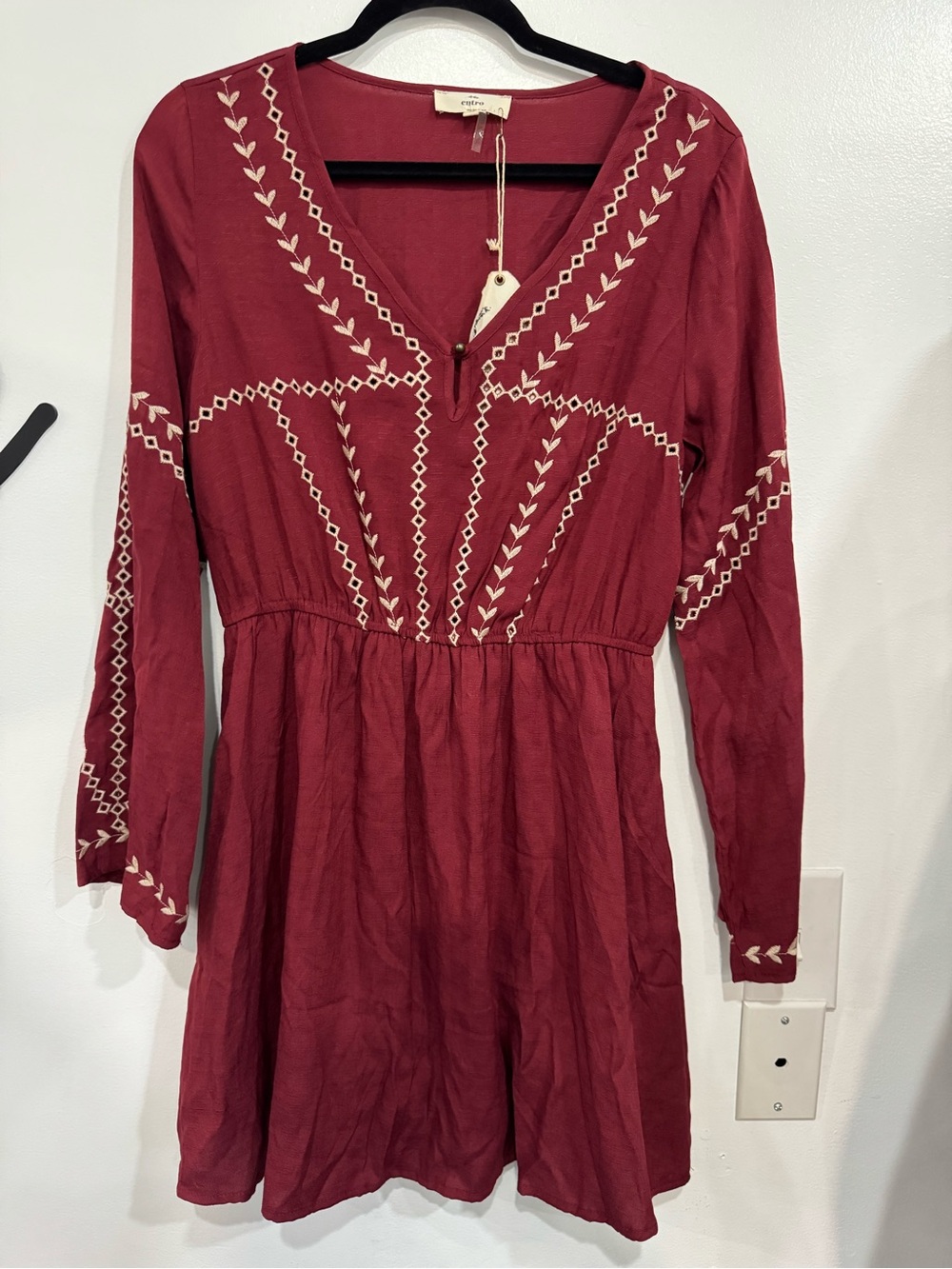 entro Burgundy Long Sleeve Embroidered V-Neck Dress